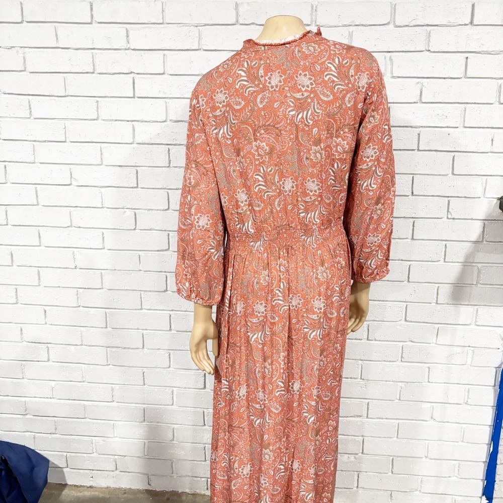 J.Jill Paisley Print Midi Dress Rust Orange Button Neck Ruffle Collar - Size XL - Picture 3 of 8